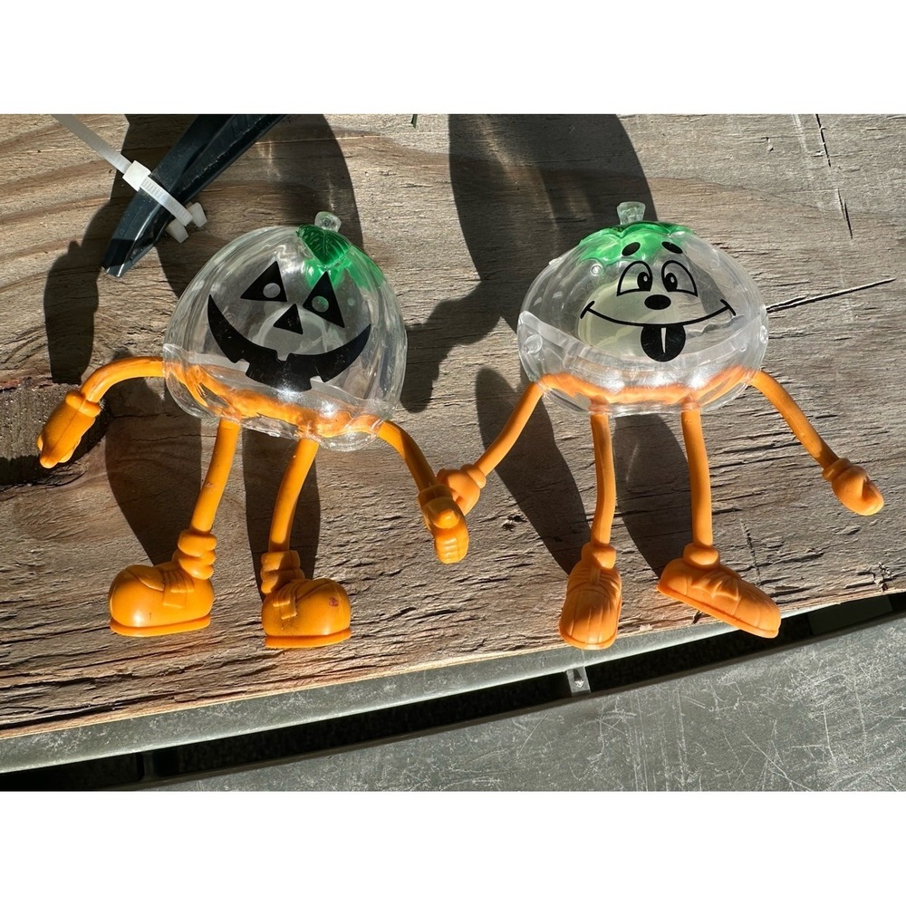 2 Vintage‎ Halloween Pumpkin Candy Holder Bendy Legs Clear Head Bendy Figures
